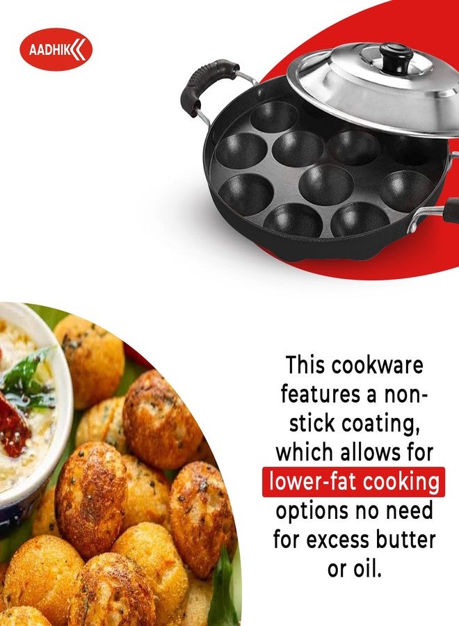 AADHIK Appam Pan with Lid 12 Cavity Appam Patra Non Stick Aluminium Appam Maker with Stainless Steel Lid, Kichen Essential Cooking Pan (Pack of 1,Black) - Image 3